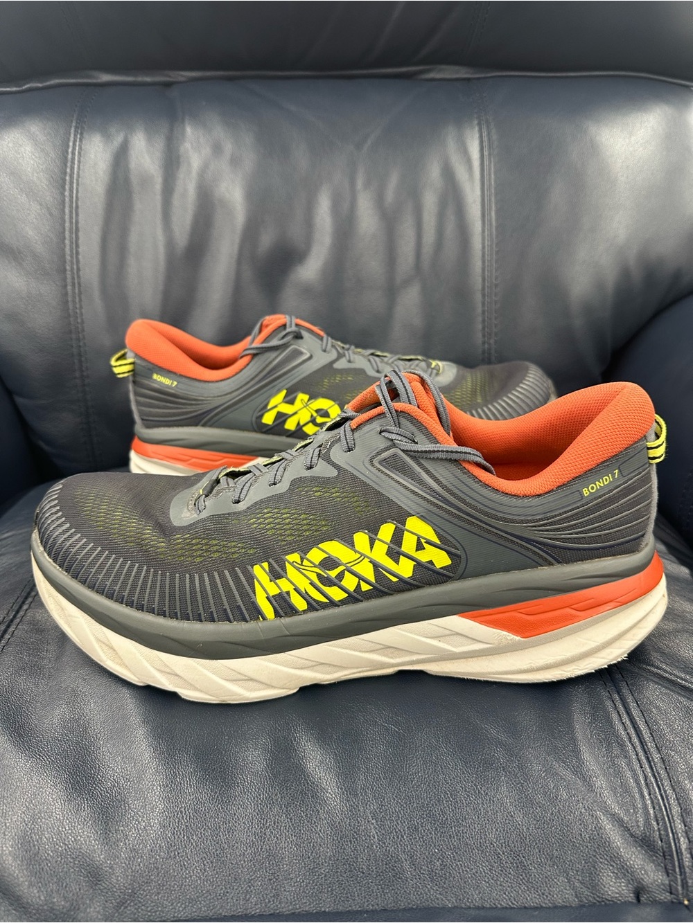 HOKA one one Bondi 7 Men’s Running Shoes Gray Orange and Yellow size 12.5